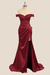 Wine Red Lace Formal Gown Off the Shoulder Breaded Mermaid Dress - MyChicDress